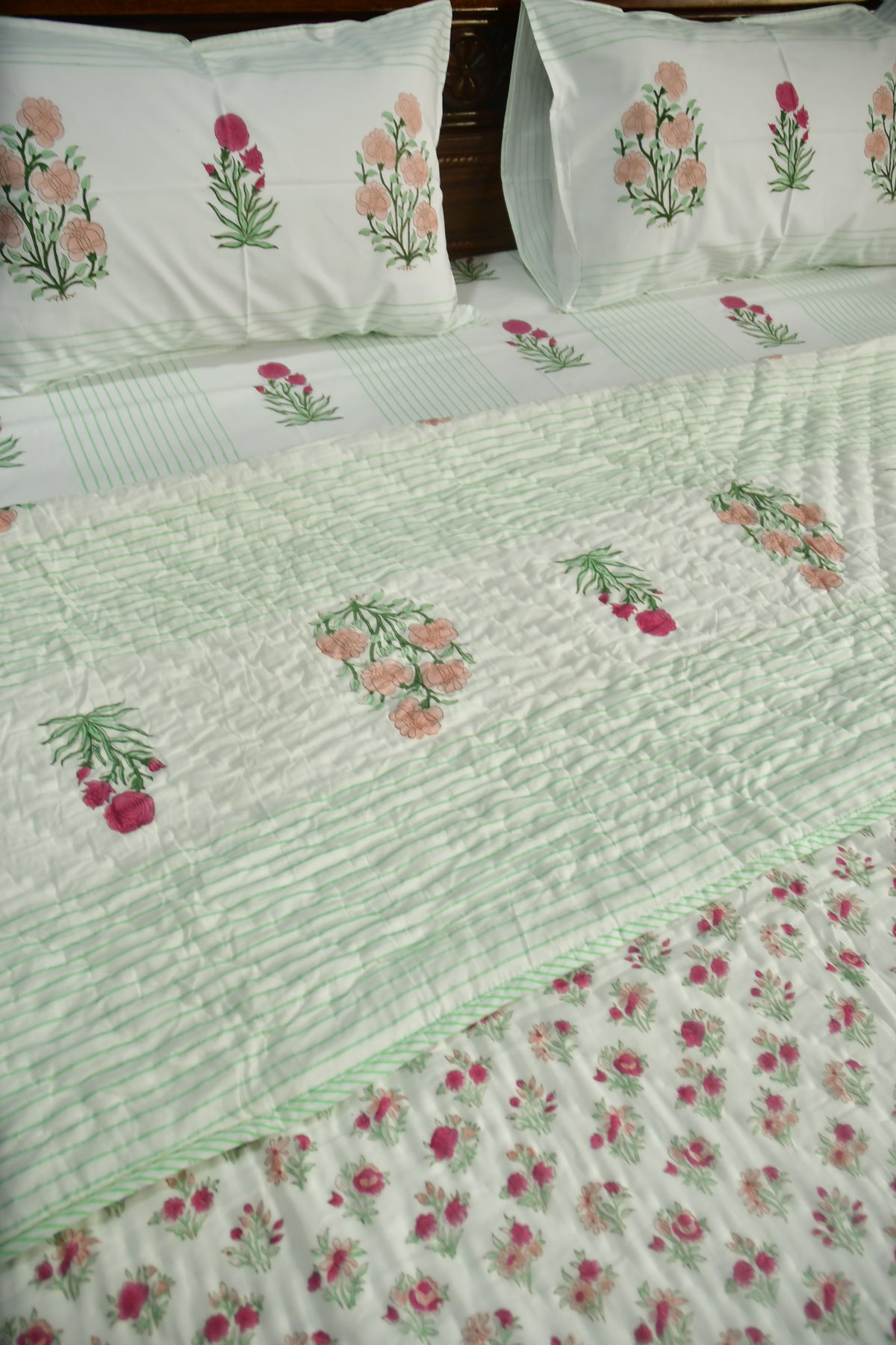 Peach and Pink Flower Premium  HandBlock Quilt Bedding set