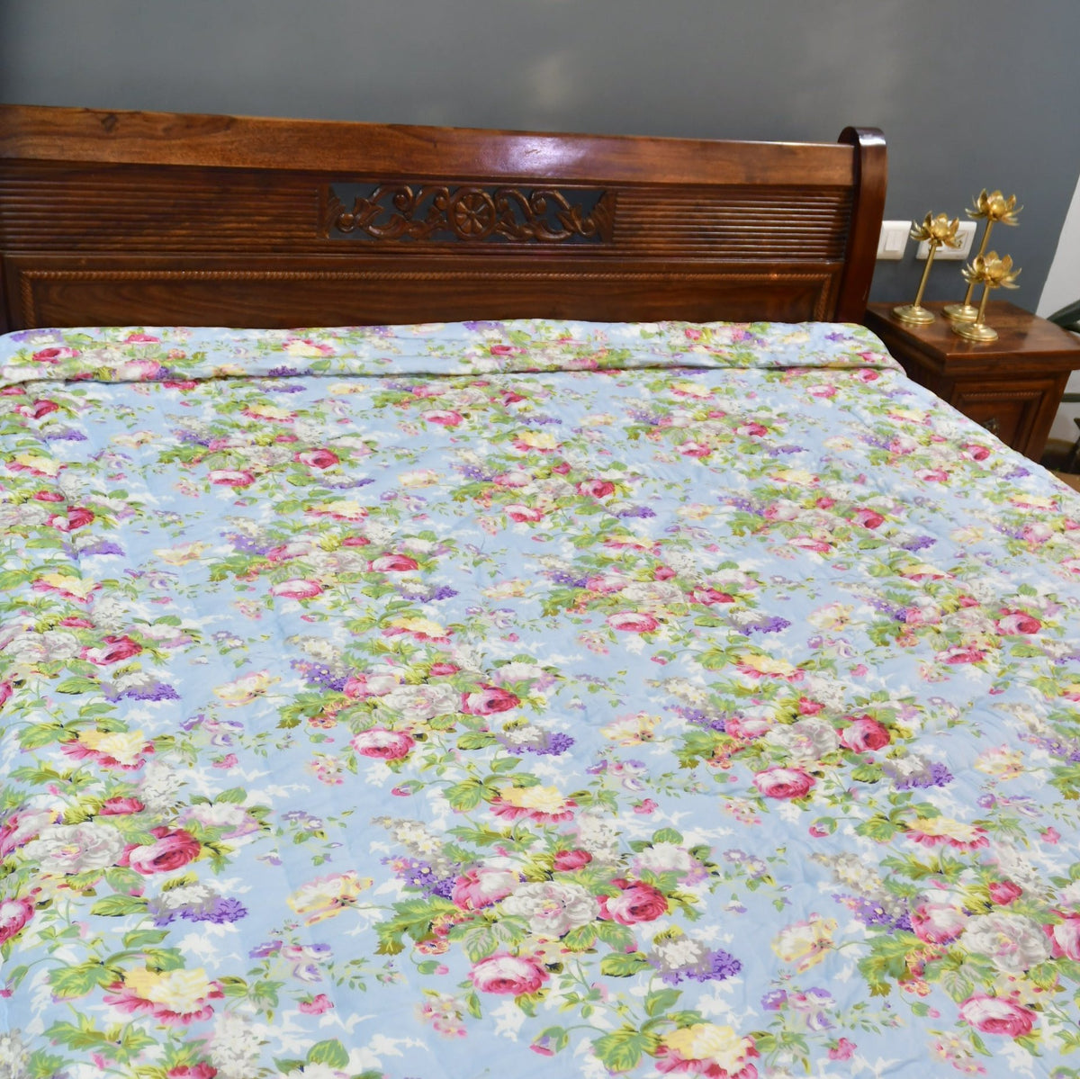 Sky Blue Floral Quilt hand Block premium cotton Organic