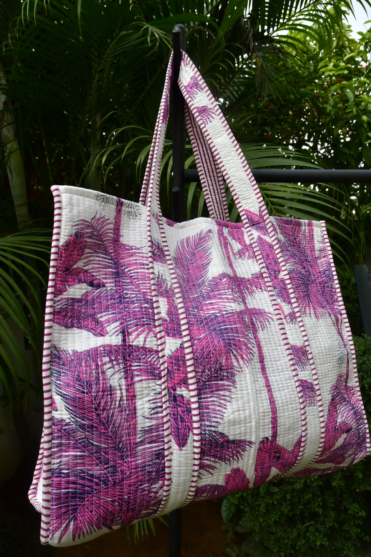 Pink White Palm Tree Tote Bag Hand Block