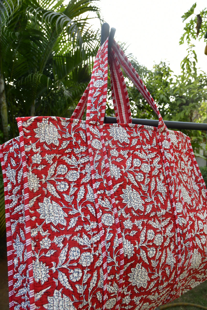 Happy Red Floral Tote Bag Premium Hand Block