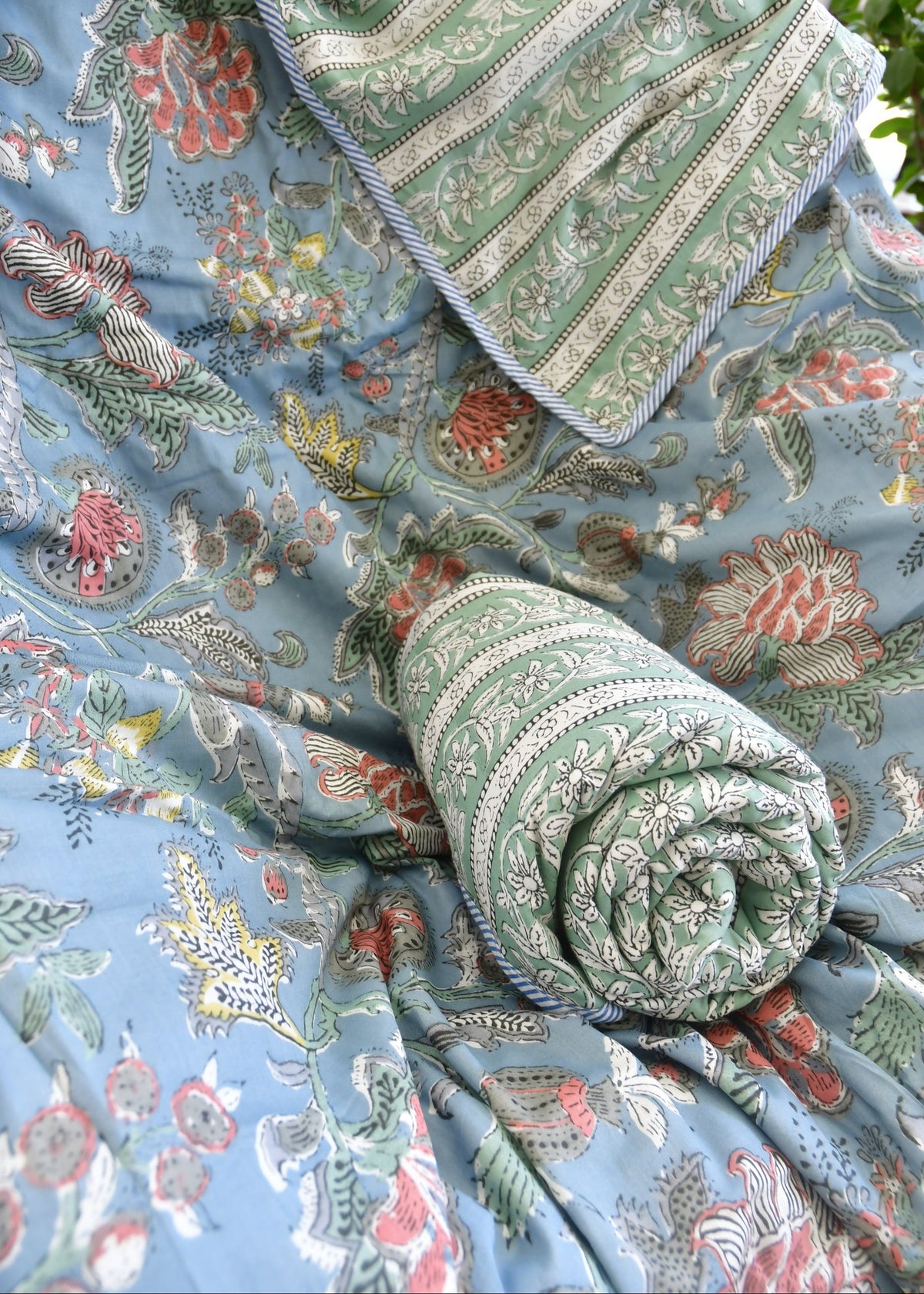 Teal Blue Floral Print Dohar Hand Block