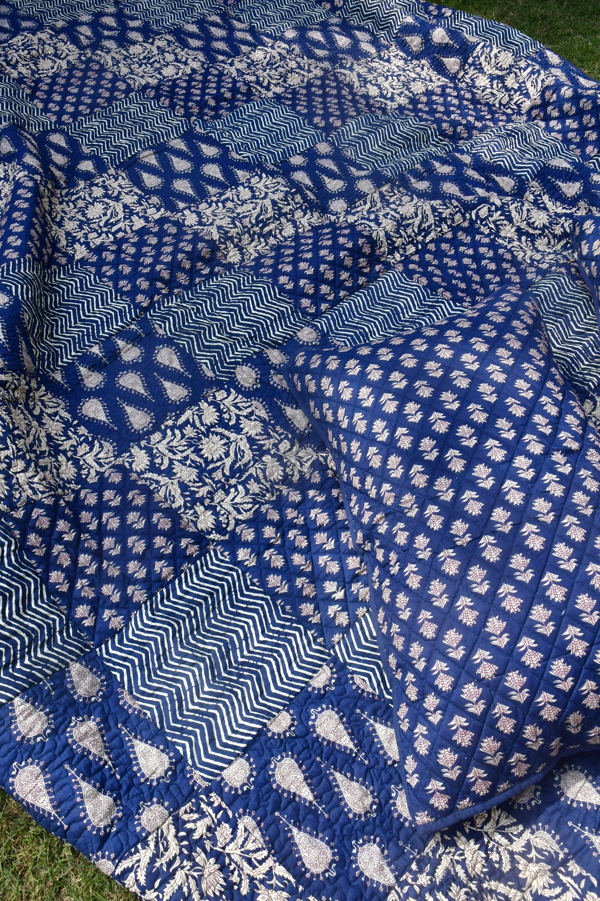 Indigo Dabu Print Quilted bedcover Rajasthan