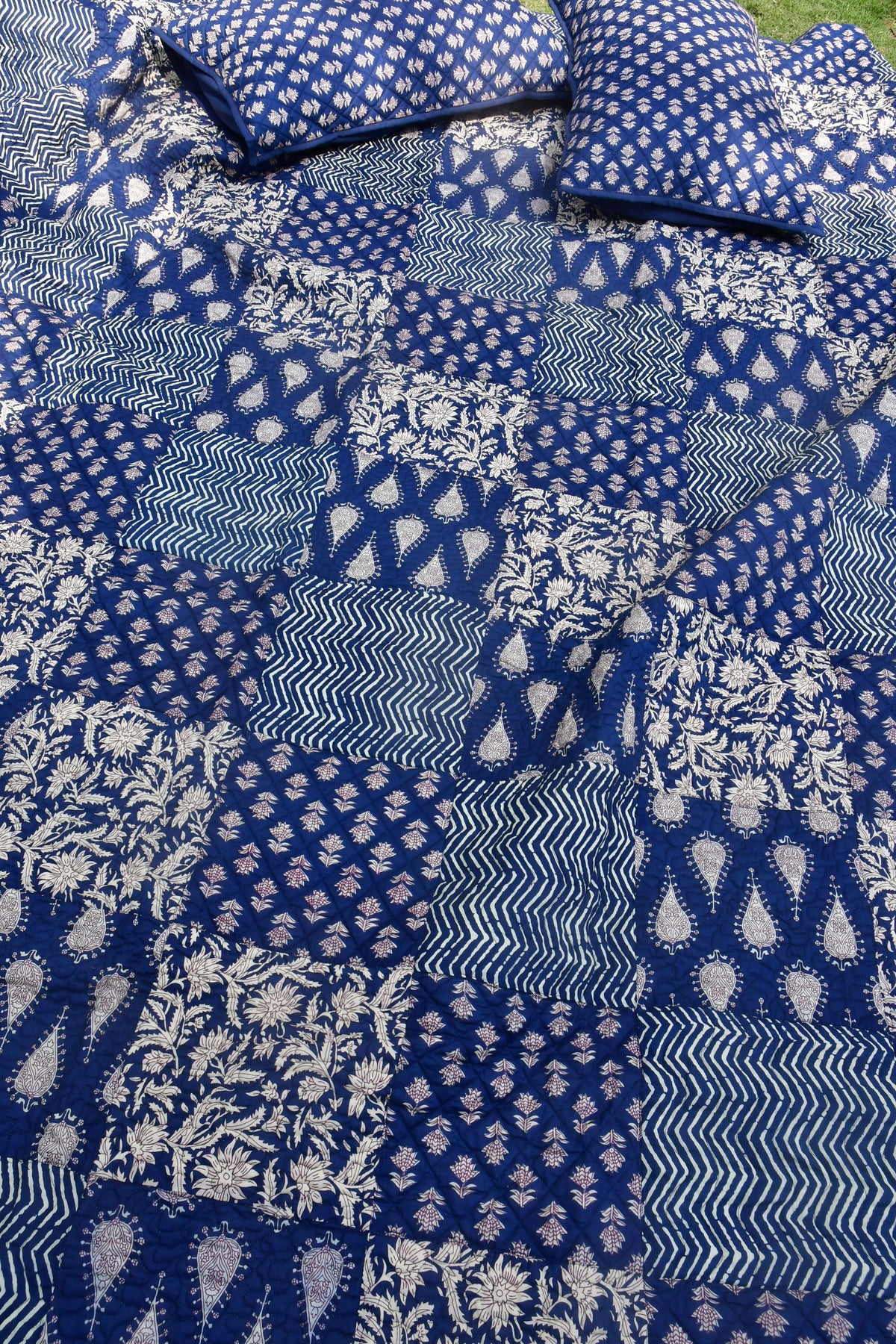 Indigo Dabu Print Quilted bedcover jaipur