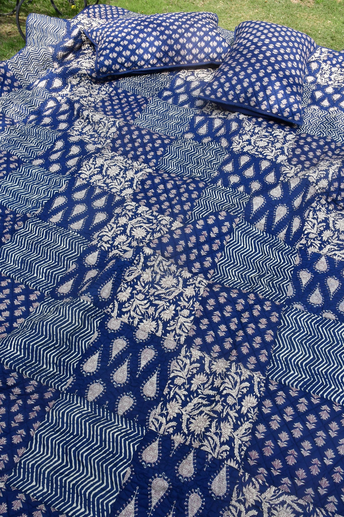 Indigo Dabu Print Quilted bedcover organic