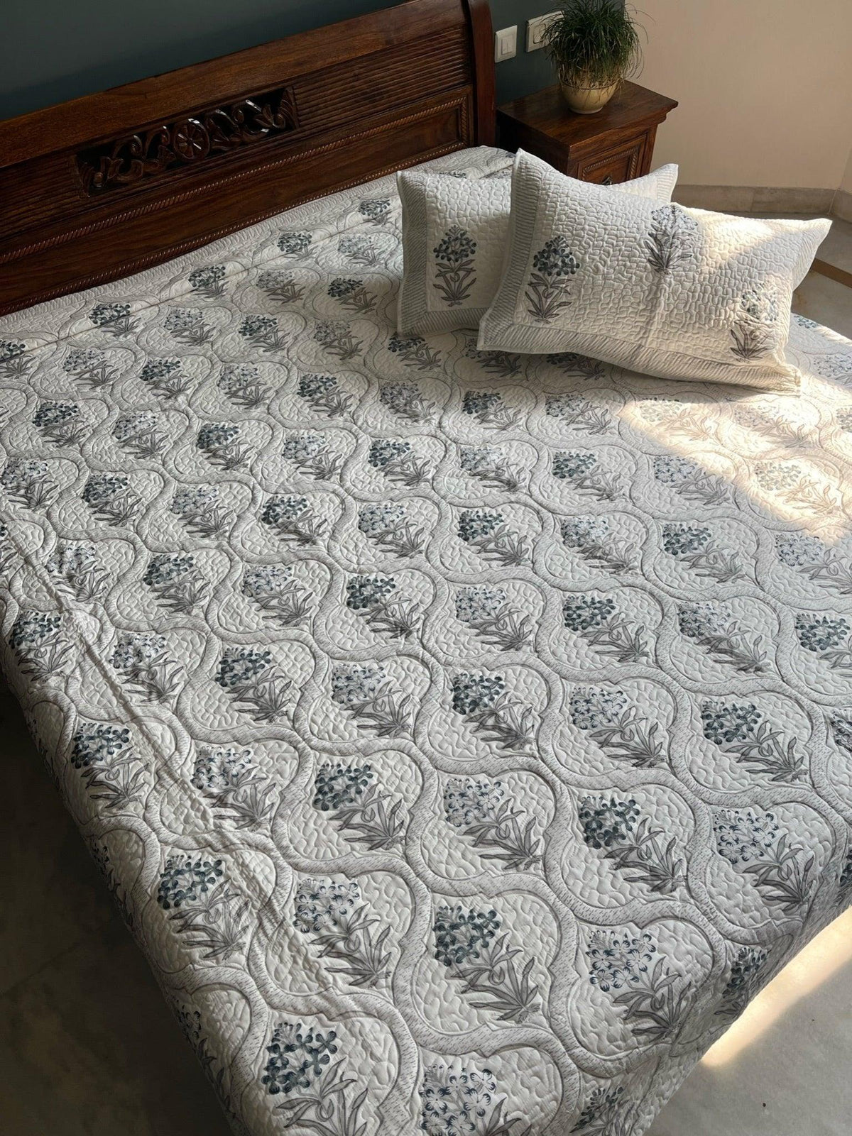 Blue Heaven Quilted hand Block Bedcover