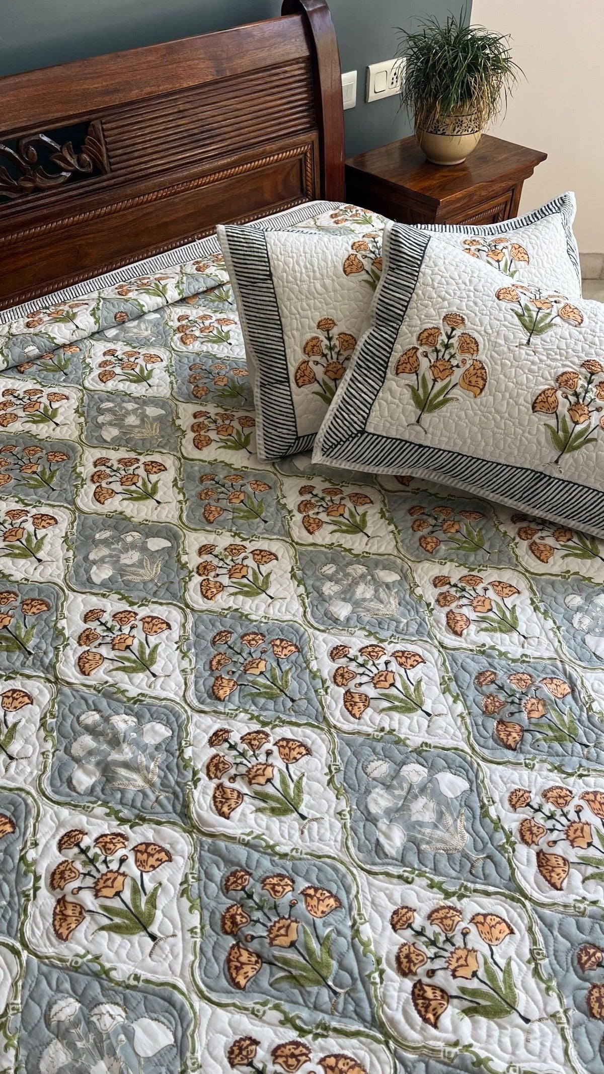 Saffron Blooms Quilted Bedcover Organic cotton