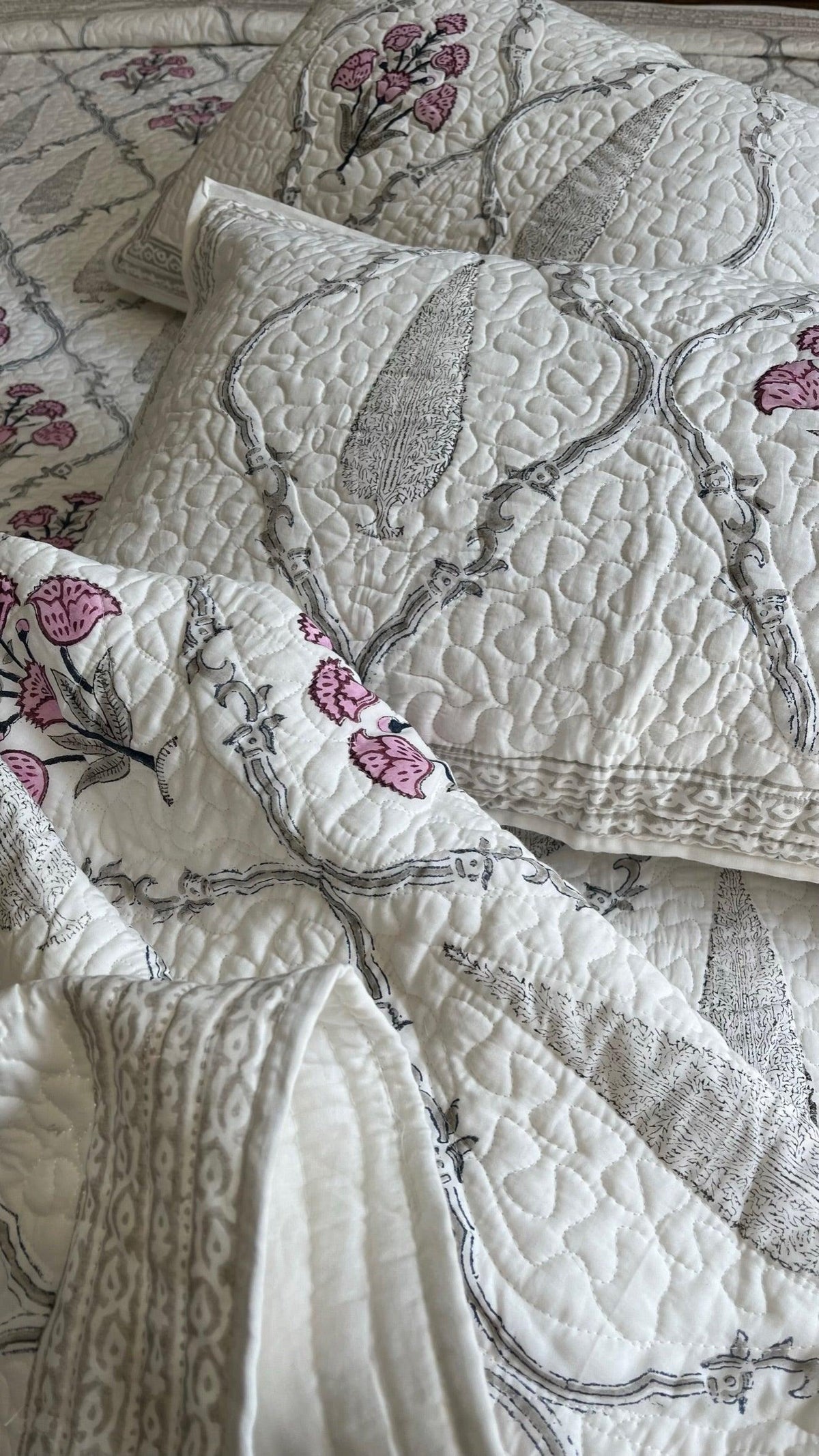 Pink And Ivory Quilted Bedcover - close up 