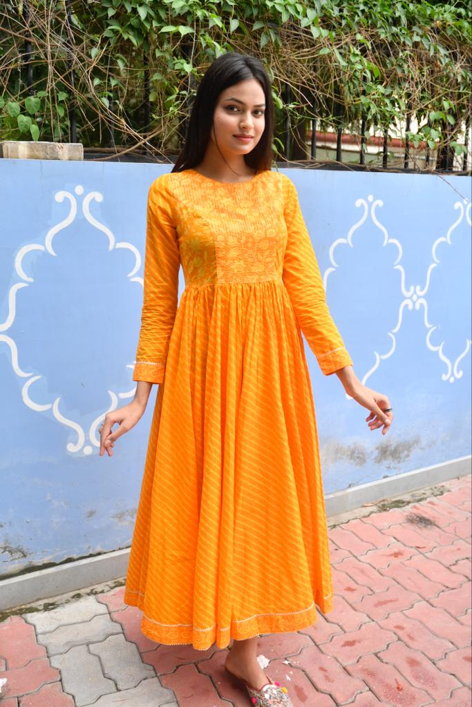 Yellow Lehariya Anarkali Kurta Premium cotton fabric