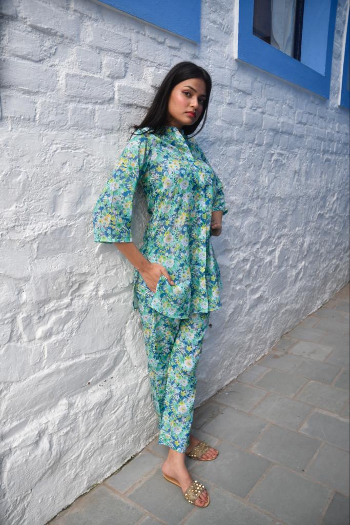 Green Floral Co-ord set Hand Block