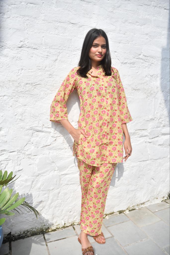 Mustard Green Floral Co-Ord set Rajasthani