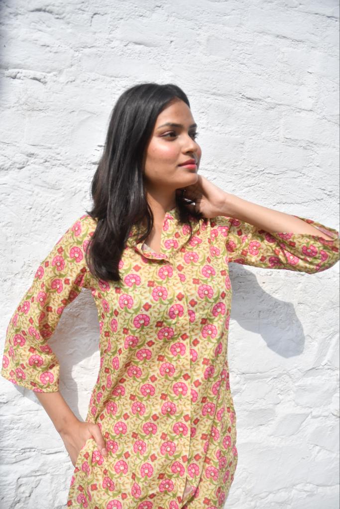 Mustard Green Floral Co-Ord set premium Hand Block