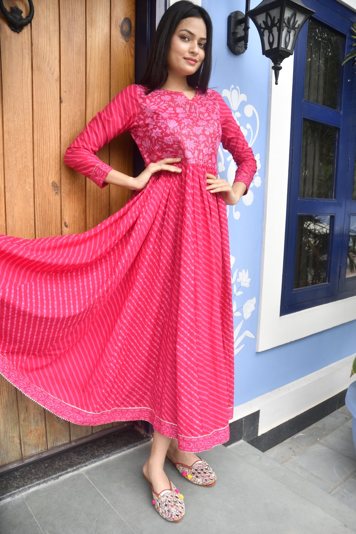 Pink Lehariya Anarkali Kurta Jaipuri